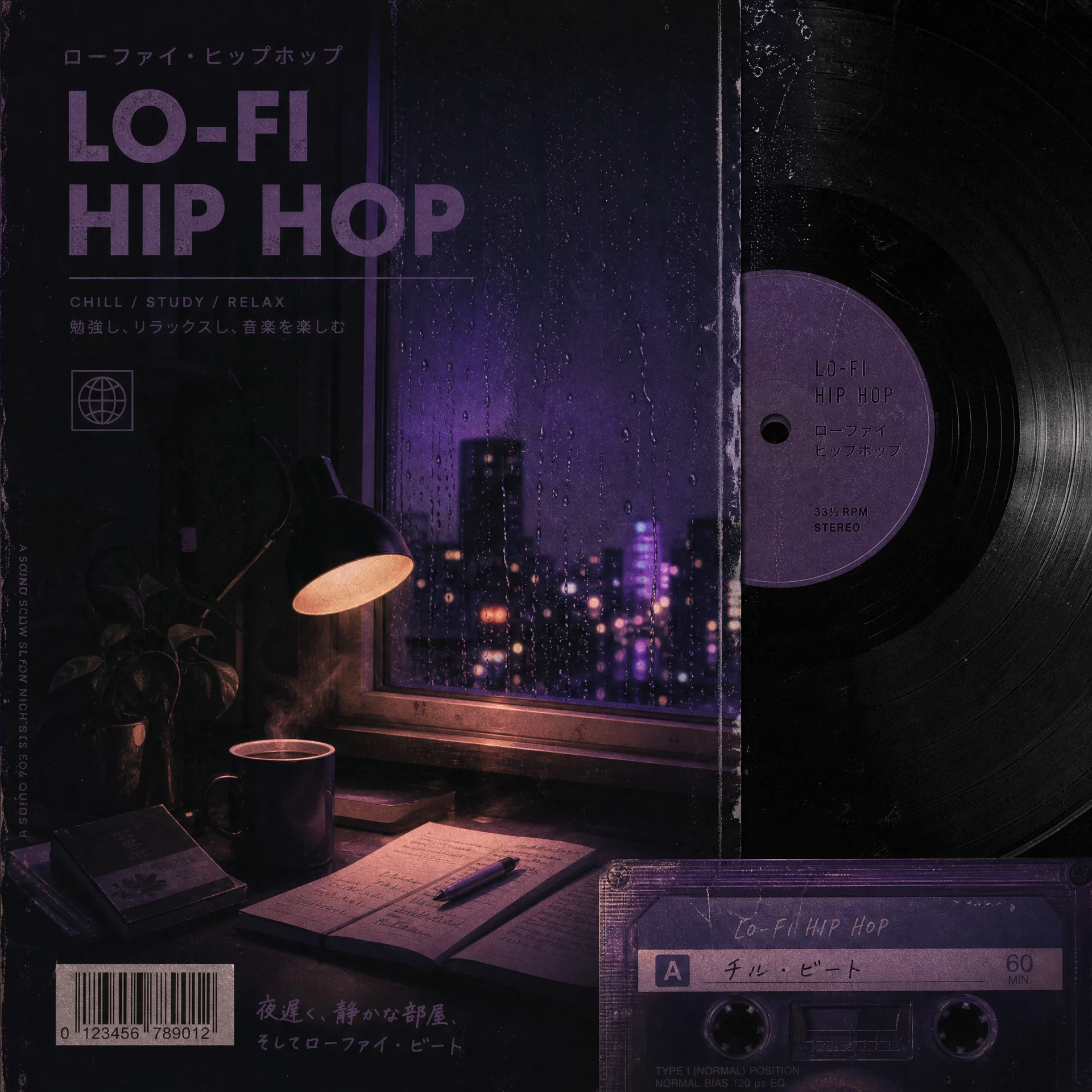 Lo-Fi Hip Hop风格封面，复古黑胶唱片与深夜书桌